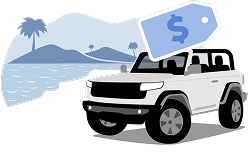 White SUV with beach scene and dollar sign